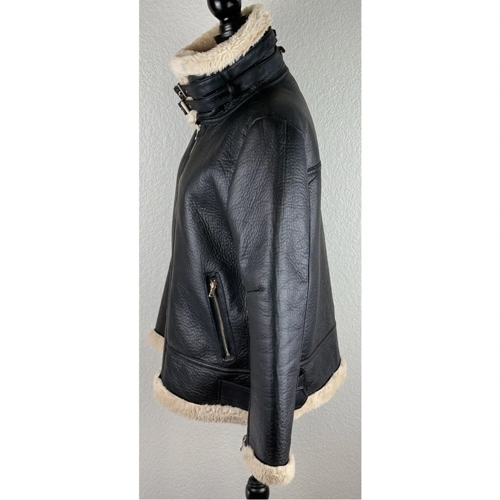 Zara Black Faux Leather Shearling Lined Aviator Jacket - Picture 4 of 12